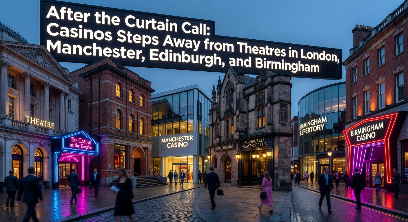 Vibrant evening scene outside a grand theatre in London with casino signage glowing nearby, capturing post-show excitement blending culture and gaming