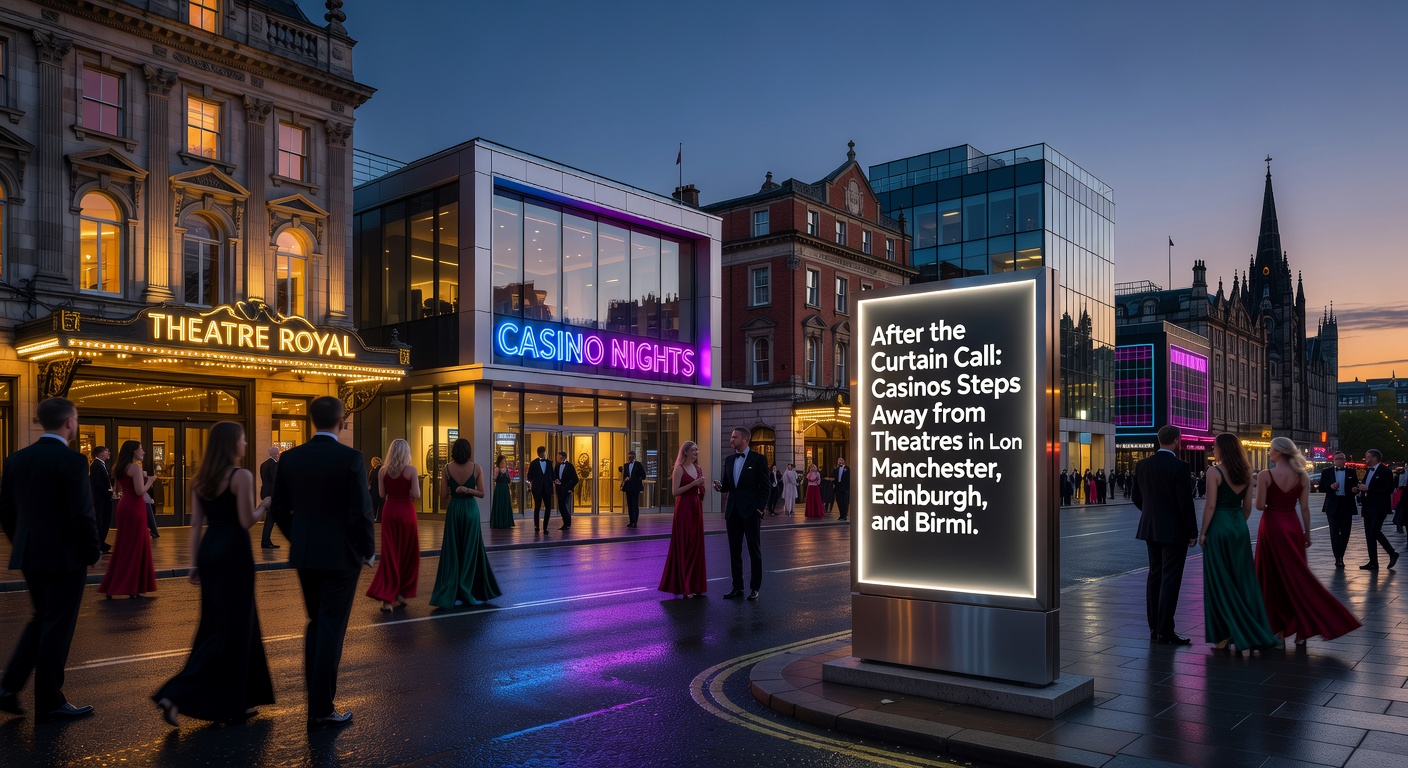 Manchester theatre entrance at dusk with patrons heading toward a nearby casino illuminated by colorful lights, illustrating seamless evening entertainment flow