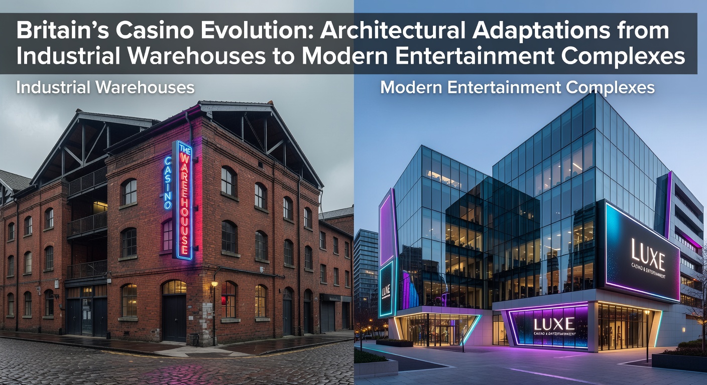 Industrial warehouse exterior showing early conversion features into a British casino venue with preserved brickwork and modern signage
