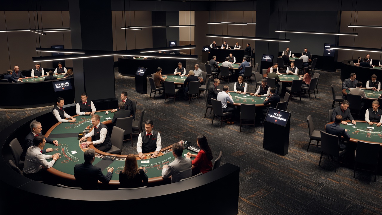 Poker pit area in a UK casino with strategic lighting, seating clusters, and visible pathways connecting to live dealer sections