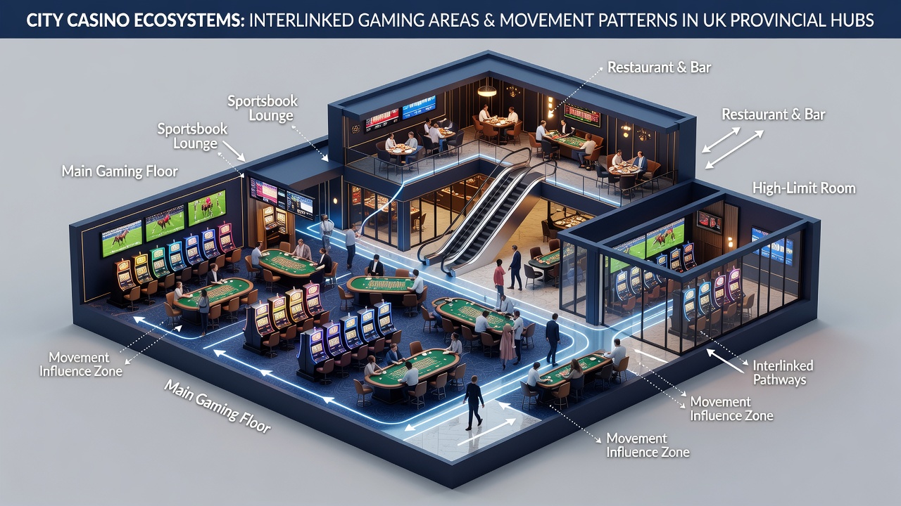 Interior diagram highlighting linked pathways between gaming zones in a typical UK provincial casino