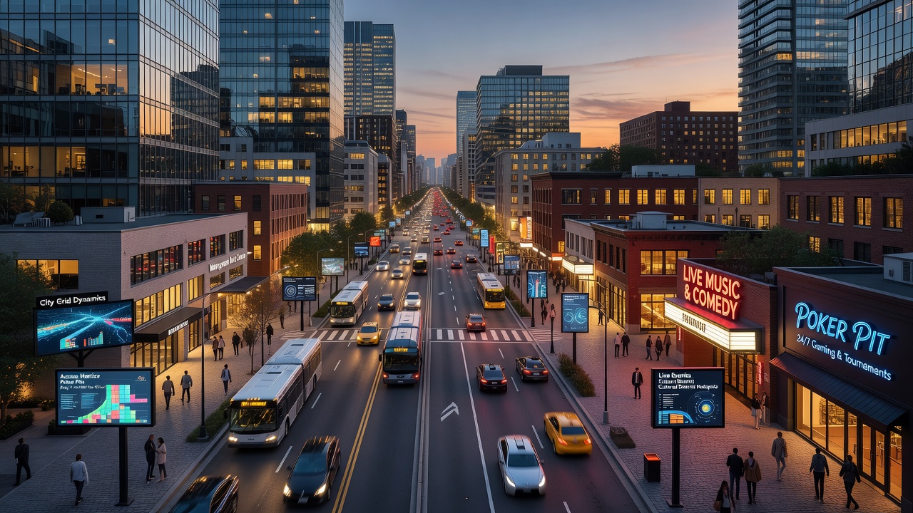 Cultural district streetscape near gaming venues with transit connections visible