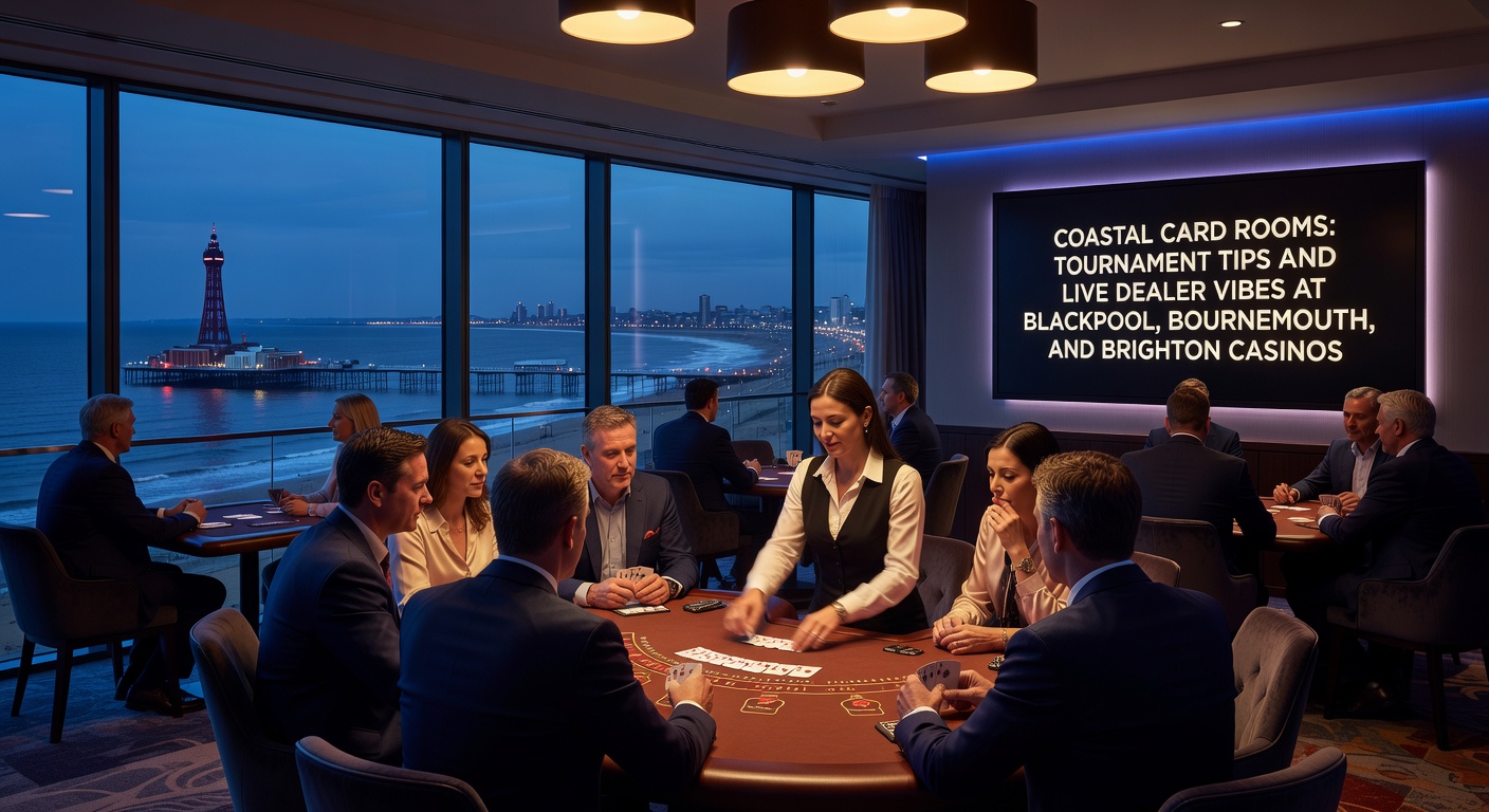 Vibrant card room action at a coastal UK casino with players focused on poker hands under bright lights