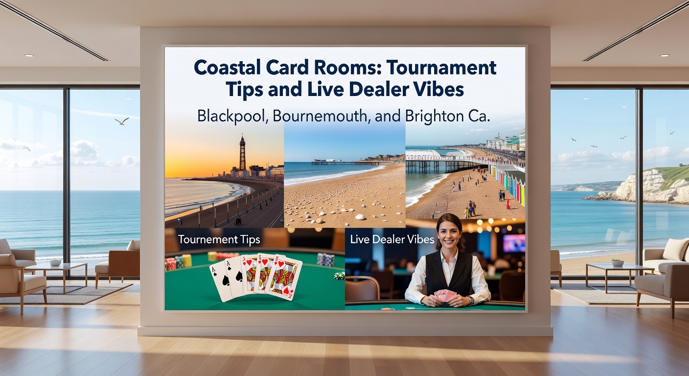 Live dealer leading a tense poker tournament final table at a Brighton coastal casino, chips stacked high amid excited onlookers