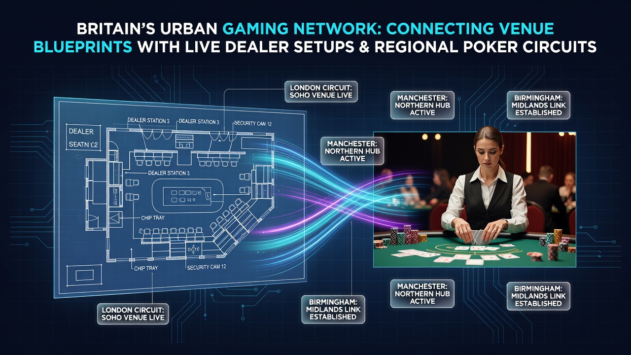 Detailed casino floor plan showing integration of live dealer tables and poker areas in a UK urban venue