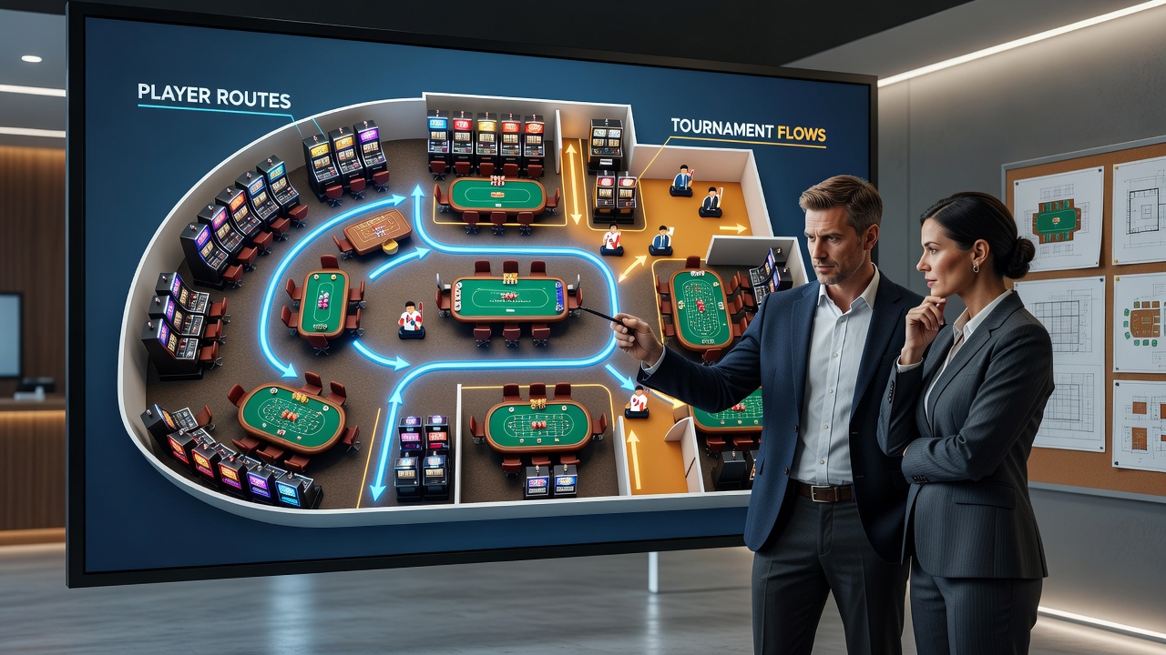 Interior view of a UK casino poker tournament area with player pathways marked