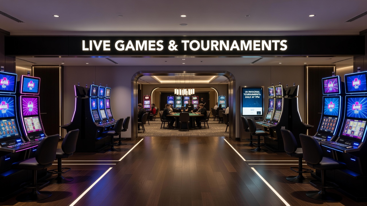 Casino floor layout showing pathways leading from slot areas to live gaming tables and poker pits in a UK regional venue