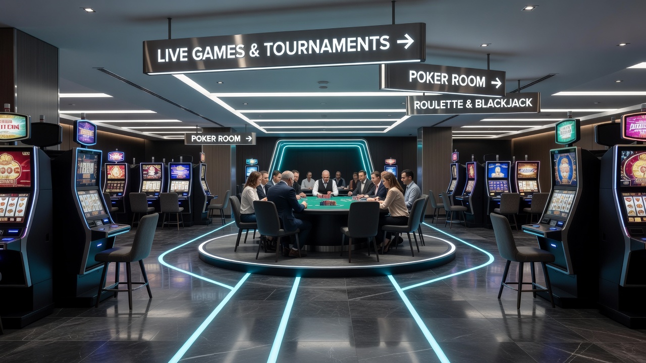 Interior view of a UK casino poker room with strategic lighting and clear sightlines from adjacent walkways