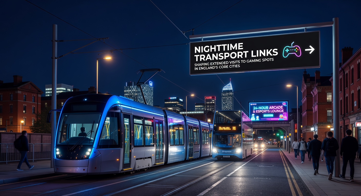 Nighttime view of illuminated tram and bus routes connecting to central gaming districts in a major English city