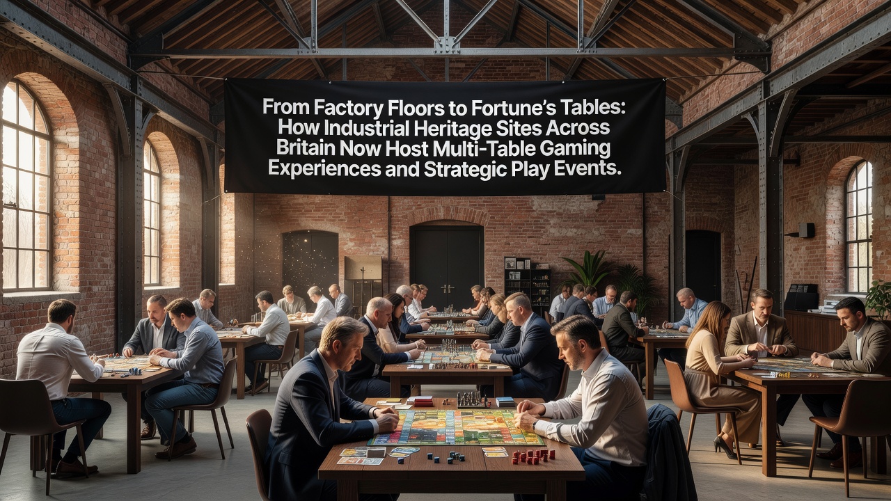 Converted industrial heritage site hosting multi-table gaming events with historic factory architecture in the background