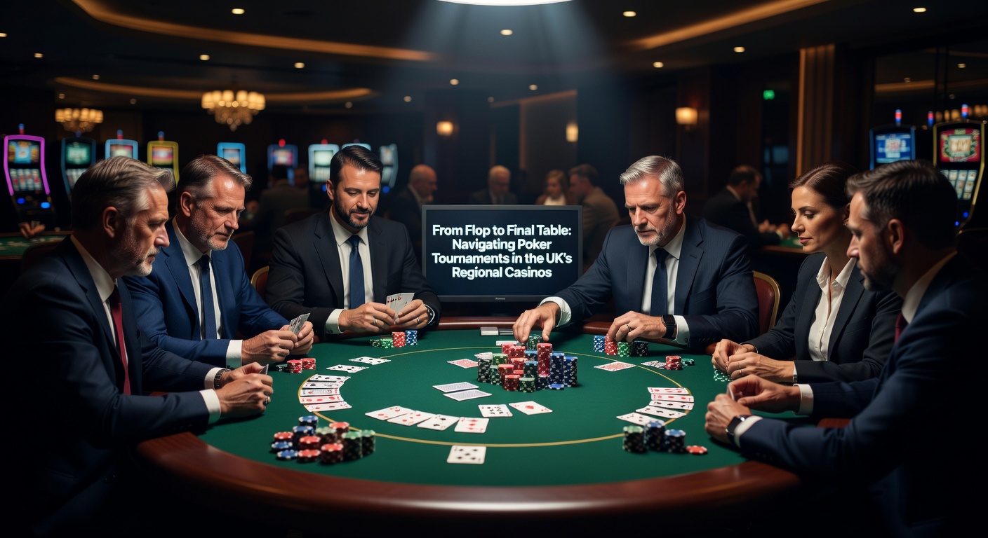 Players intently focused at a poker table during a regional UK casino tournament, chips stacked high and cards mid-deal