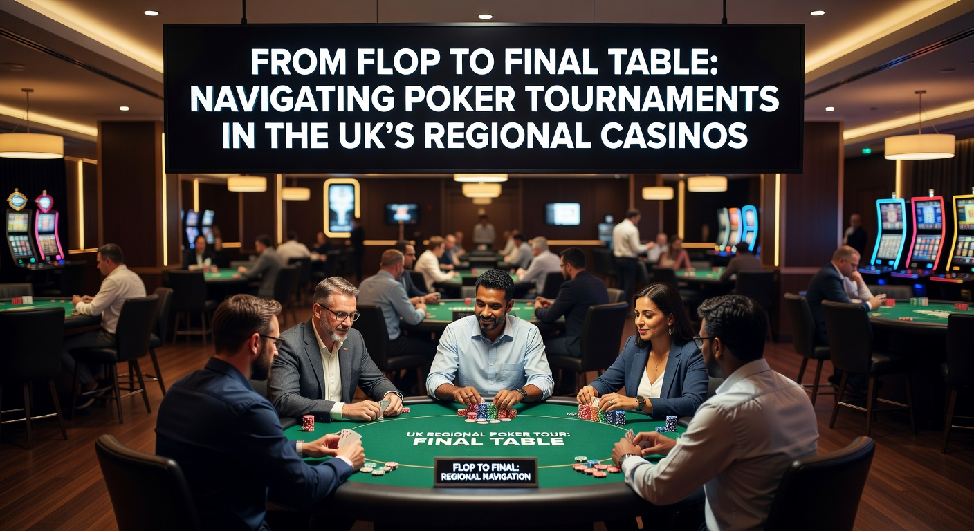 A bustling final table in a UK regional casino poker tournament, with the winner hoisting a trophy amid cheering players and staff