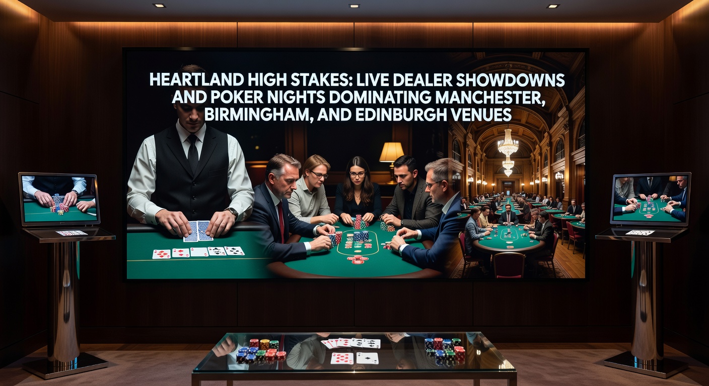 Vibrant live dealer blackjack table packed with players under dramatic casino lights in a Manchester venue, chips stacked high amid intense showdowns