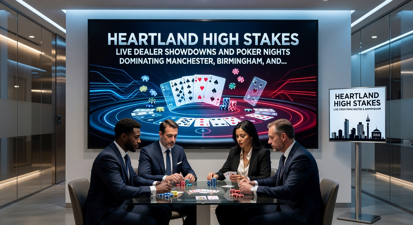 Packed poker night tournament in Birmingham casino, players deep in concentration at felt tables surrounded by cheering spectators and towering chip stacks