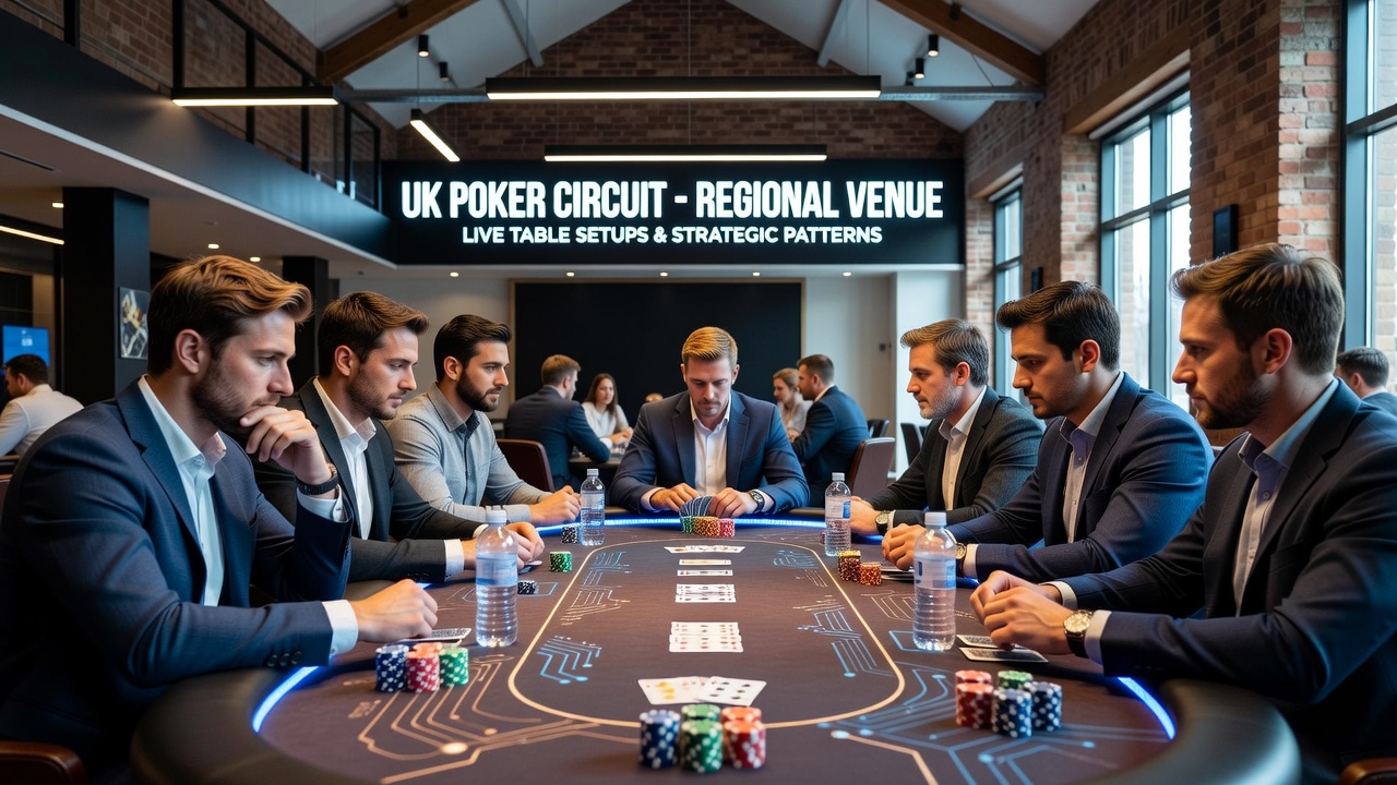 Overview of poker table layouts in UK regional casinos showing multiple live game setups and player positions