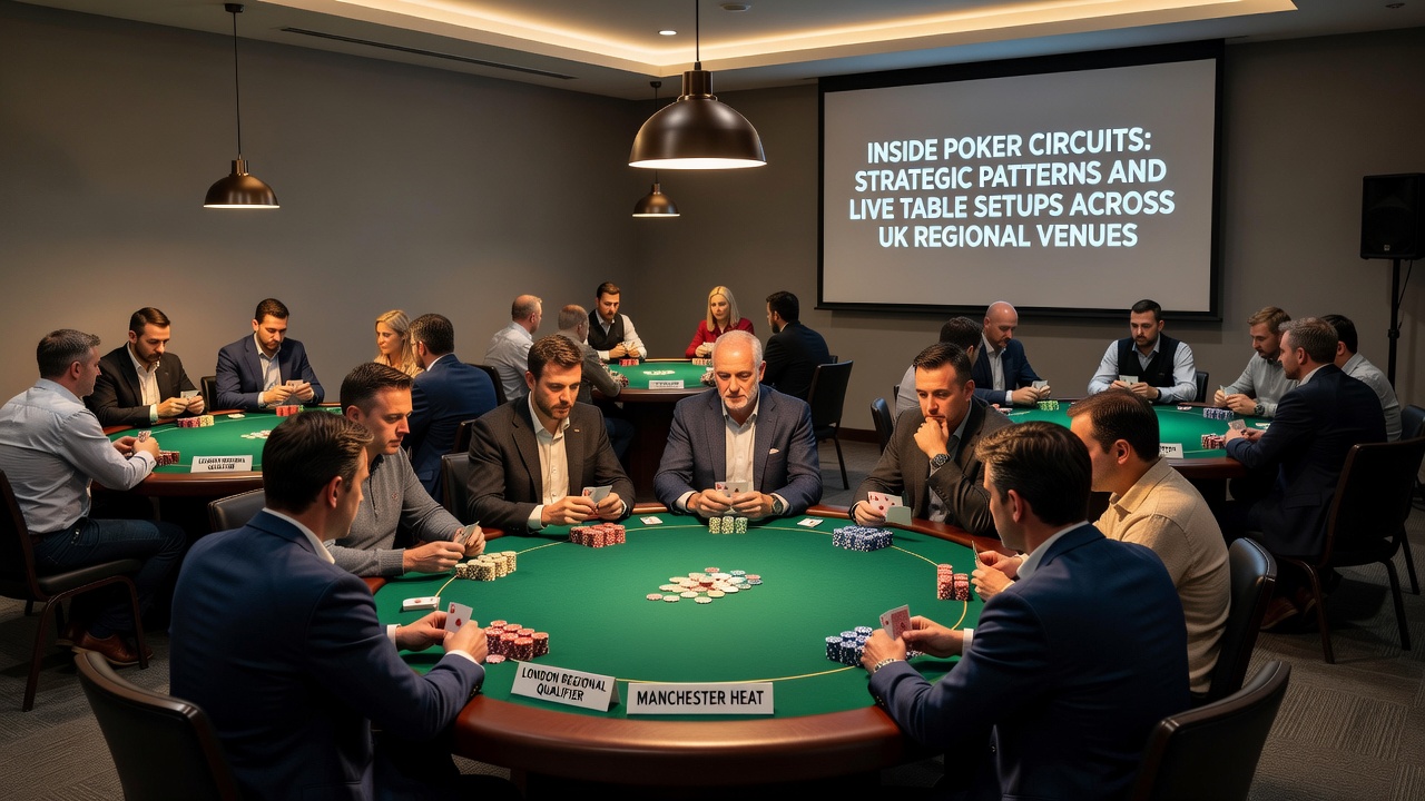 Detailed view of strategic poker gameplay at a live table in a UK regional venue with players and dealer positions