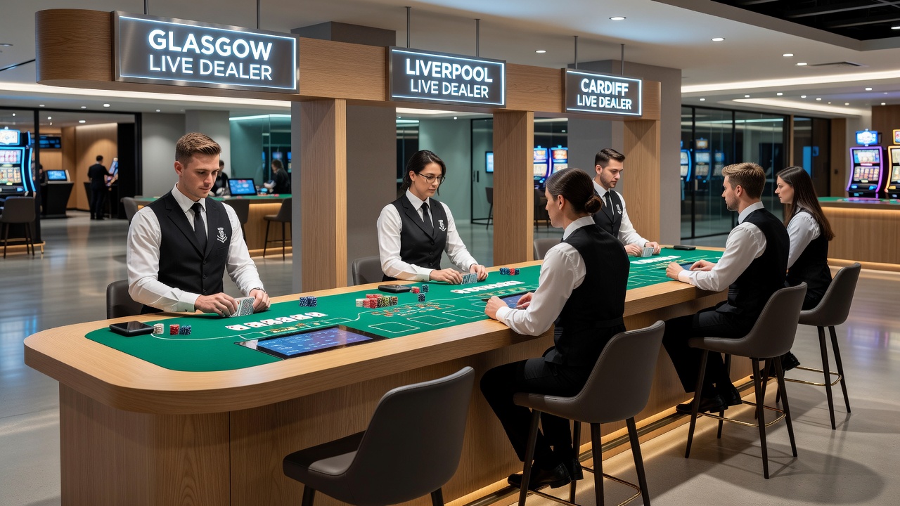 Liverpool casino interior view highlighting the raised live dealer platform overlooking adjacent poker tournament tables and registration area