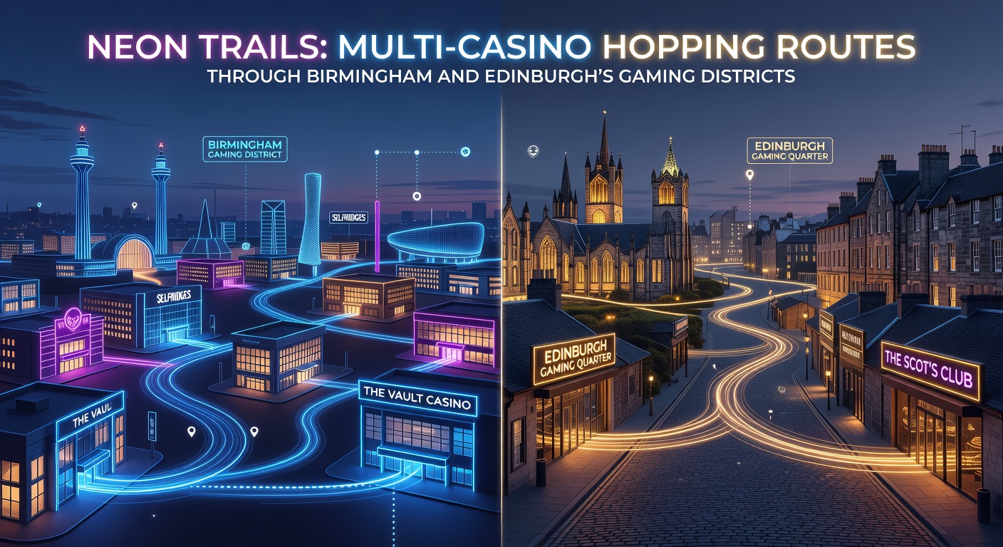 Vibrant neon lights illuminating a bustling Birmingham street lined with casino entrances and nightlife crowds under a nighttime sky