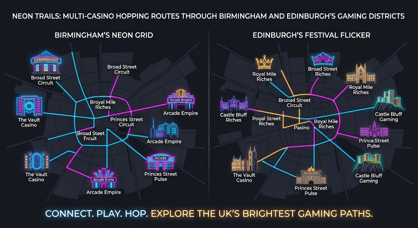 Edinburgh's Lothian Road at night, showcasing neon casino signs, trams passing by historic buildings, and groups heading toward gaming entrances