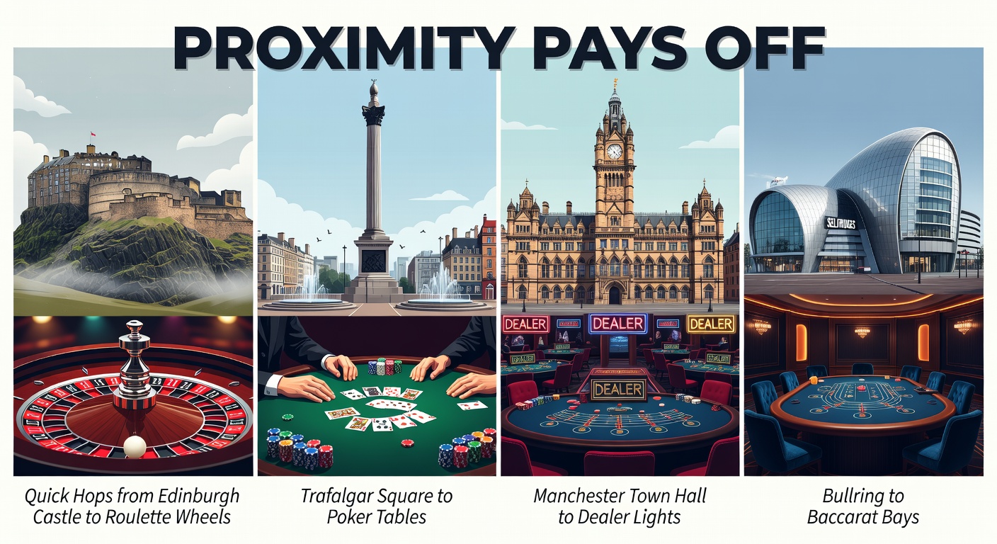 Aerial view of Edinburgh Castle overlooking historic streets leading toward vibrant city nightlife, highlighting easy access to nearby gaming venues