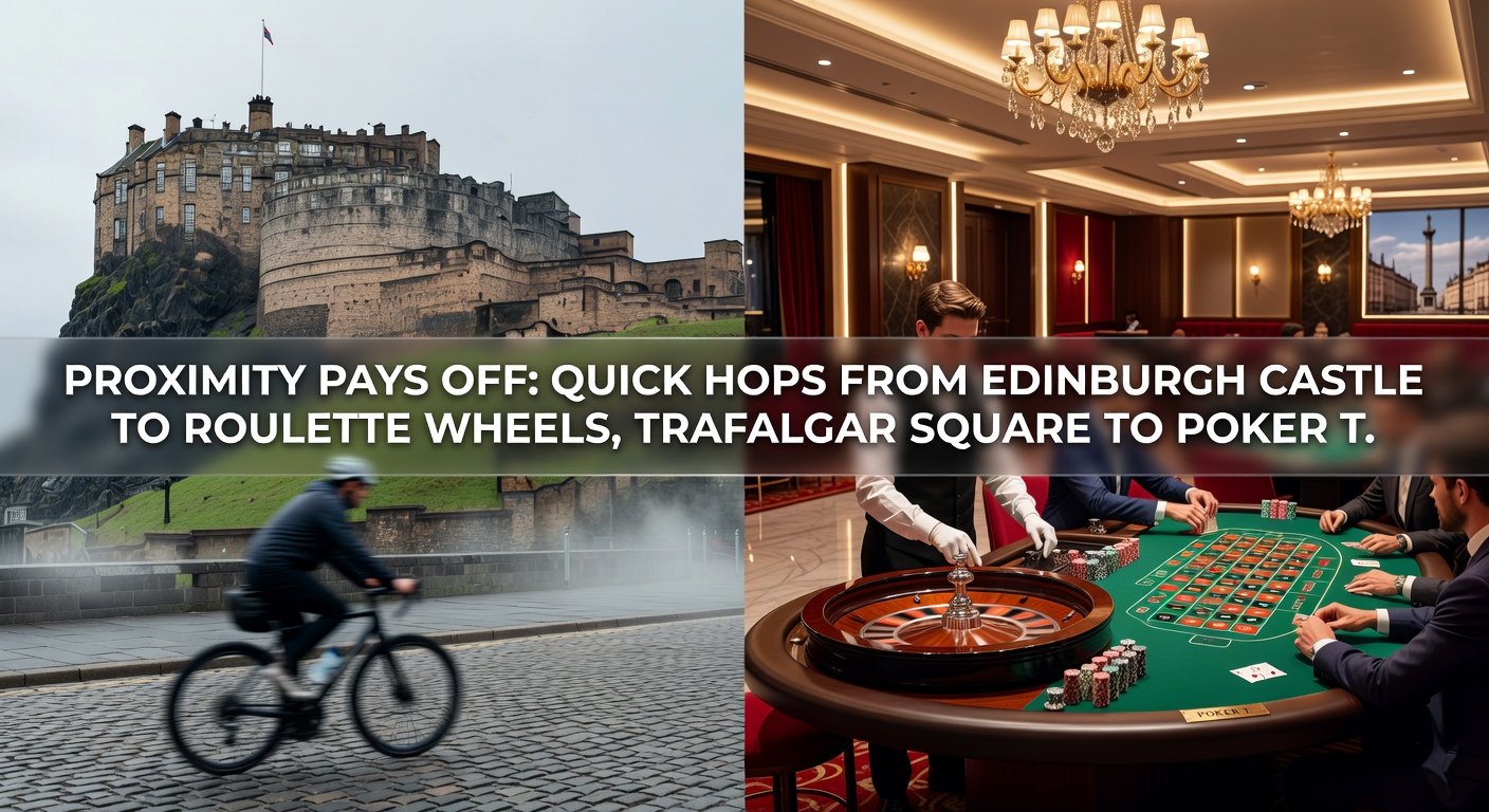 Vibrant night scene of Manchester Town Hall illuminated beside modern casino facade, capturing the short urban stroll between historic architecture adn gaming excitement