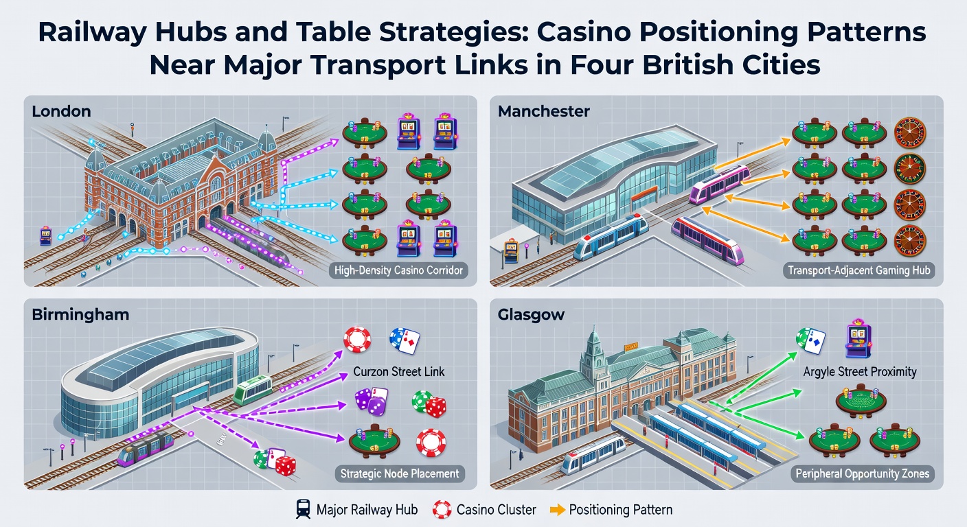 Railway stations and casino locations in British cities showing transport corridor patterns