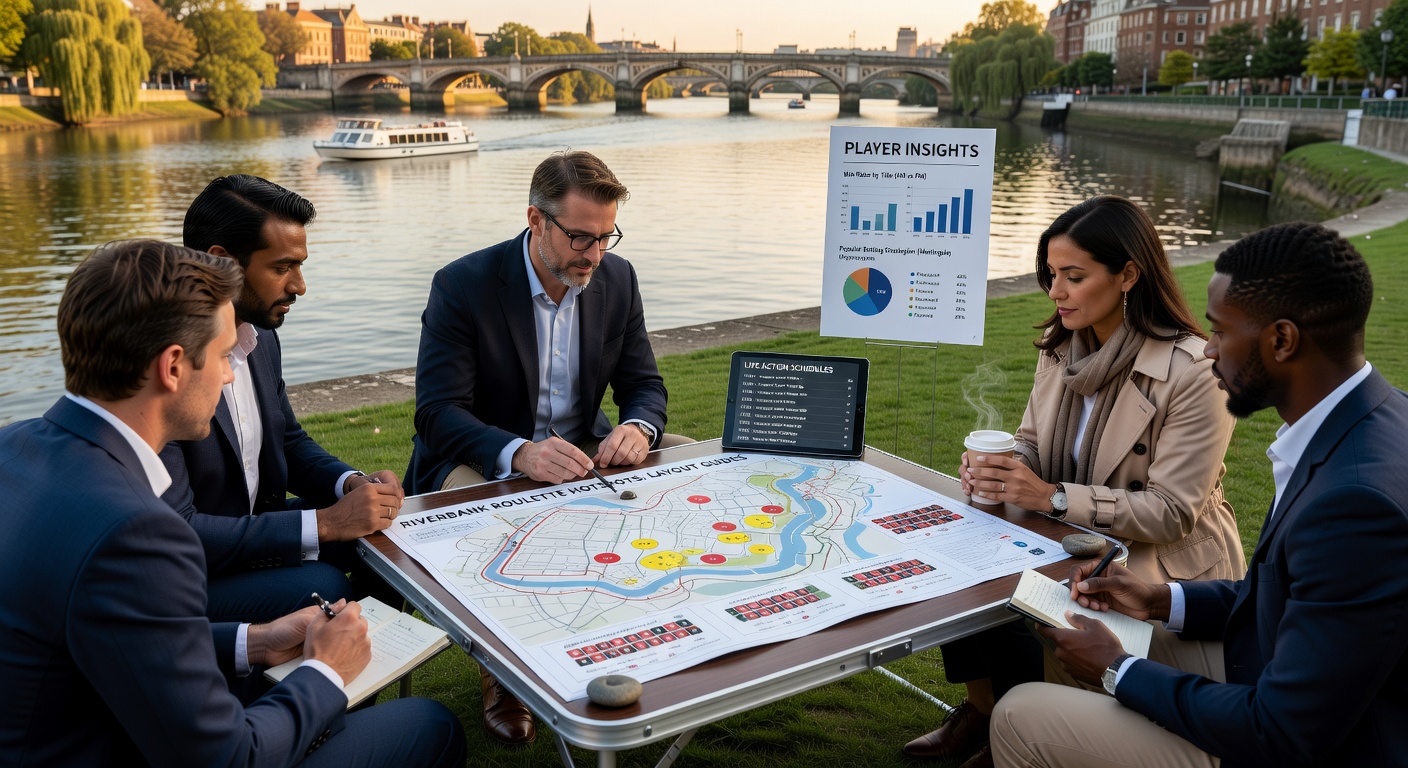 Crowded roulette pit overlooking the Mersey River in Liverpool, dealers mid-spin as players lean in amid nautical-themed decor