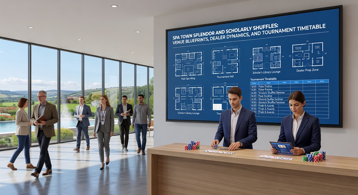 Close-up of a bustling poker table in an Oxford casino, dealers shuffling chips amid focused players under soft ambient lighting