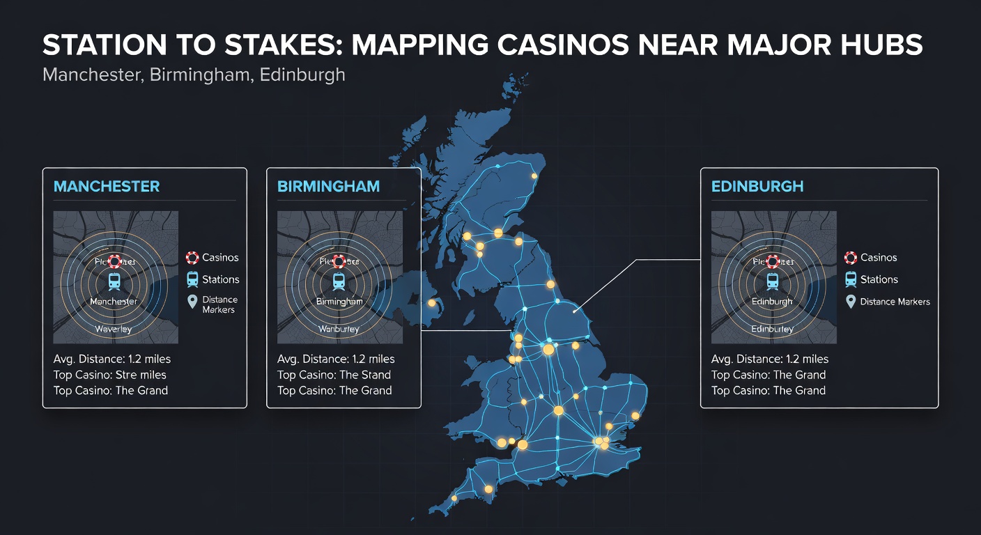 Aerial view of Manchester Piccadilly Station with overlaid paths leading to nearby casino entrances, highlighting quick access routes for visitors