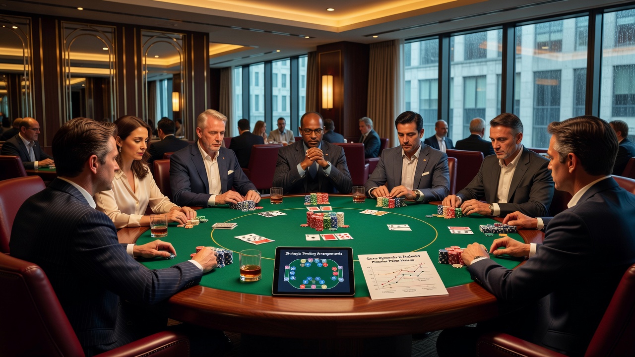 Overhead view of poker table dynamics showing players in various positions with chips and cards in a bustling English casino environment