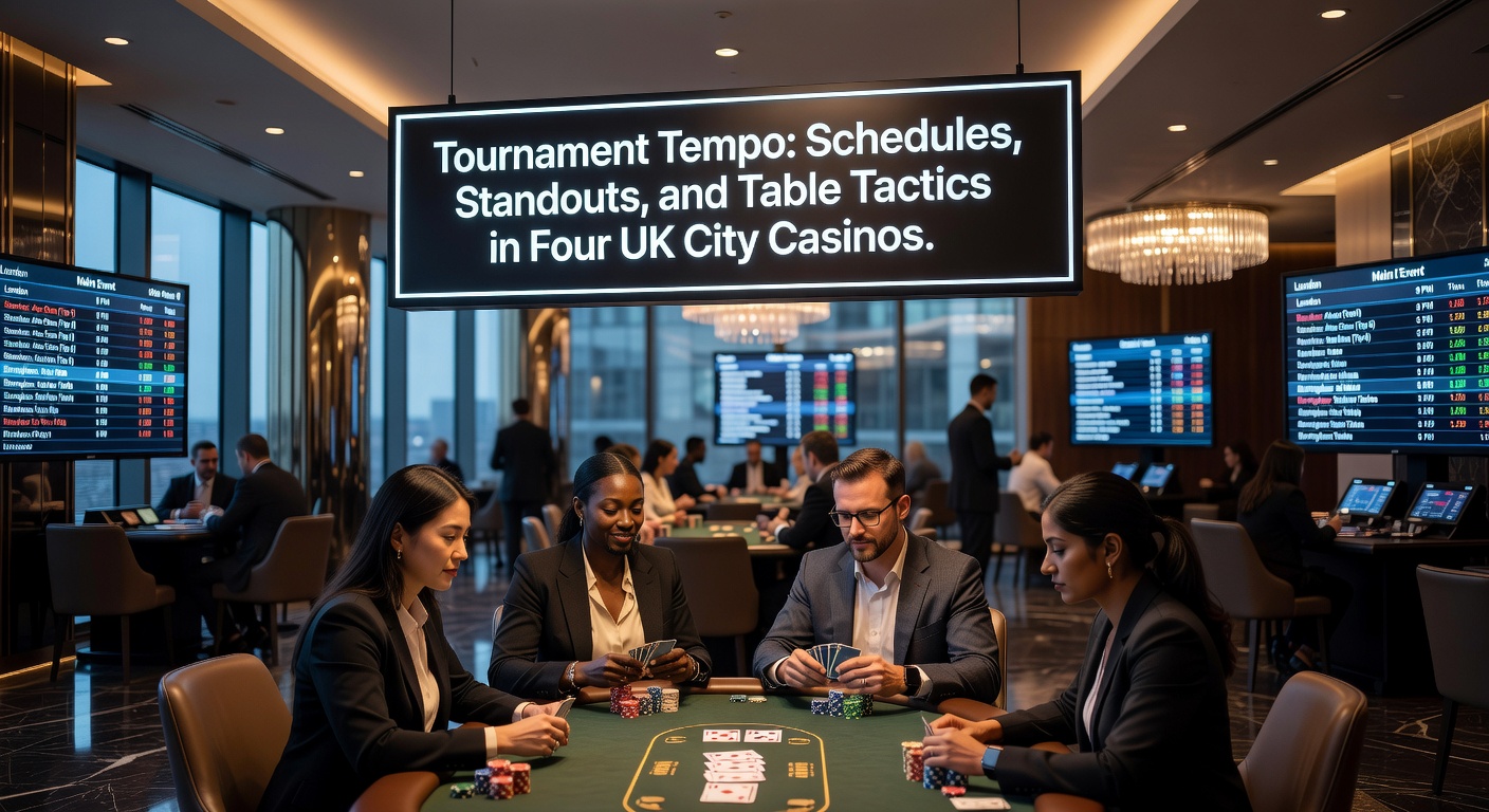 Vibrant poker tournament action at a UK city casino, with players focused on their stacks amid lively table energy