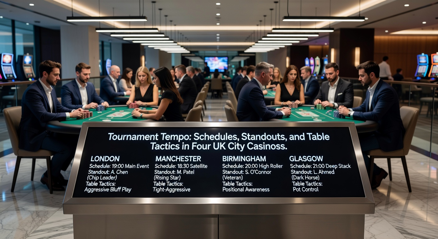 Close-up of poker chips and cards on a tournament table, highlighting strategic decision-making in a bustling casino environment