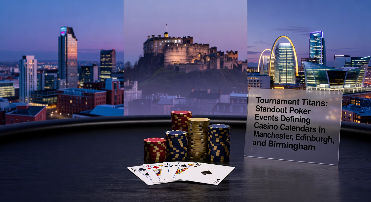 Vibrant poker tournament action at a bustling casino table in Manchester, with players deep in concentration amid stacks of chips and dramatic lighting
