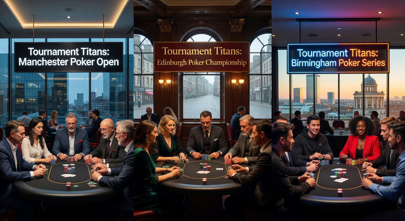 Intense final table showdown at an Edinburgh casino poker event, chips flying and players locked in strategy under spotlights