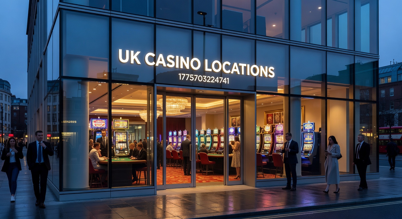Aerial view of a bustling UK casino exterior at dusk, highlighting neon lights and entrance crowds