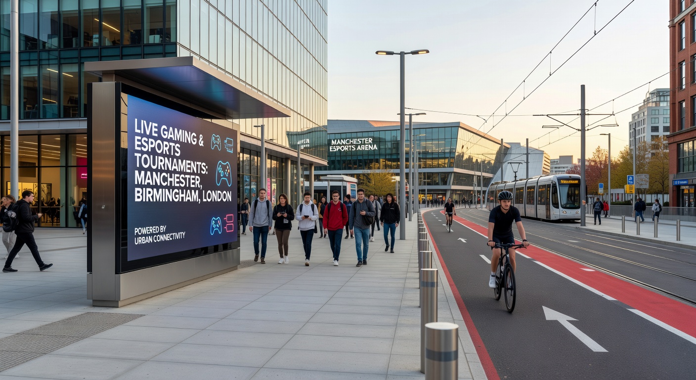 Aerial view of interconnected transport routes leading into a bustling British city centre with gaming districts highlighted