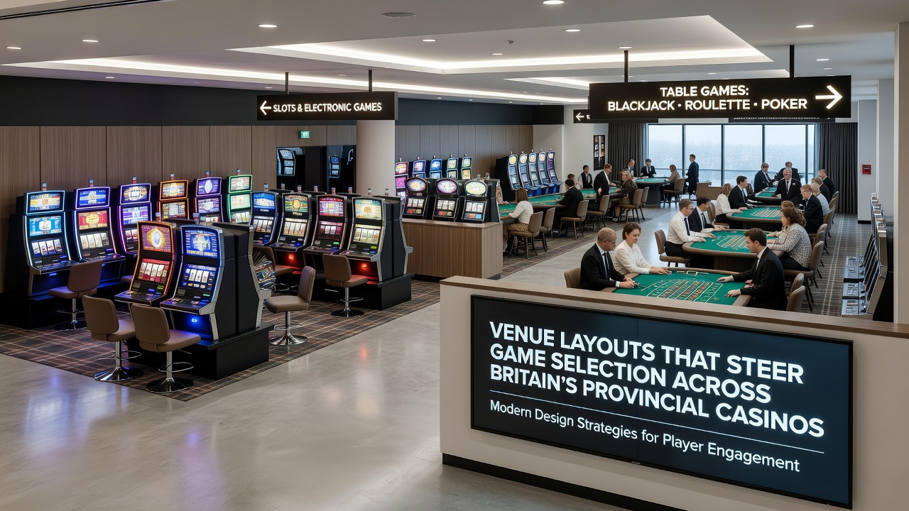 Interior view of a UK regional casino with zoned gaming areas and clear pathways between tables and machines