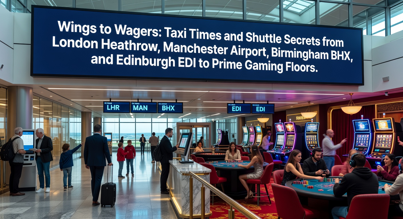 A sleek black taxi speeding along a rainy London motorway toward illuminated casino lights at dusk, capturing the transition from airport arrival to gaming excitement